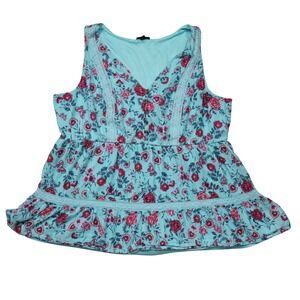 Torrid Aqua Blue Floral Butterfly Babydoll Tank Top Crochet Lace Trim Size 0 L